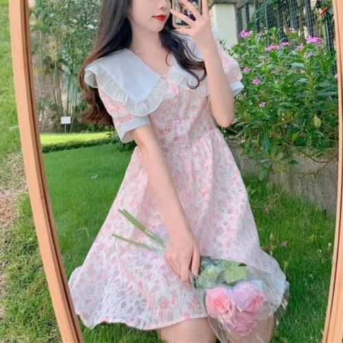 Peter Pan Collar Floral Dress Women Sweet Elegant Vintage Party Mini Dress 2021 Summer French Puff Sleeve Fairy Princess Dresses