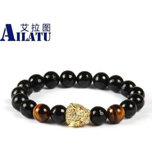Ailatu Jewelry 10 Pieces Wholesale 10mm Natural Faceted Black Onyx Stone with Micro Pave CZleopard Bracelets for Mens Gift