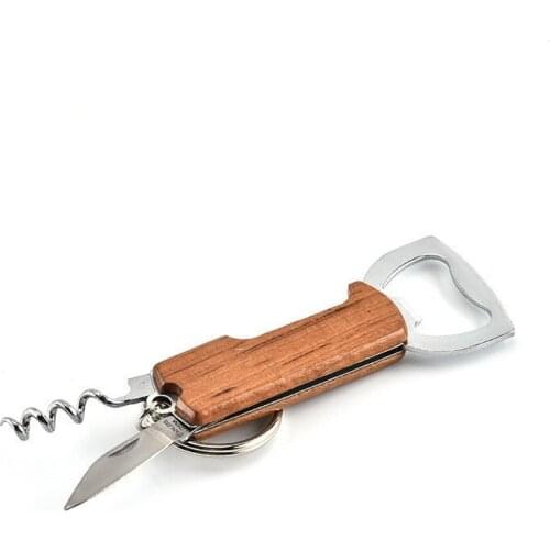 100pcs Stainless Steel Multi-function Wooden Handle Beer/Wine Bottle Opener Keychain Double Hinged Corkscrew Key Ring WB1364