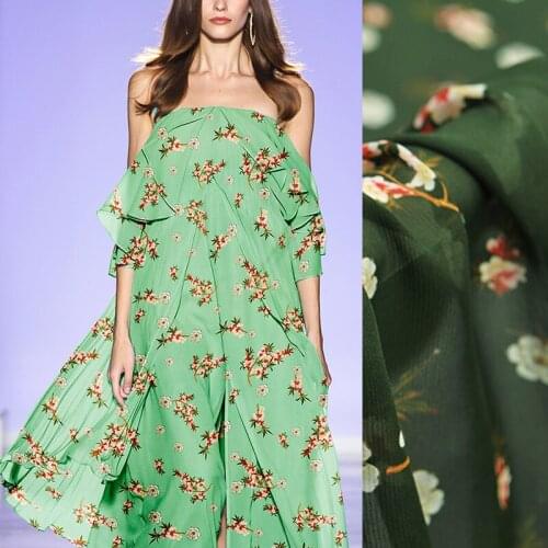 137CM 13MM Floral Print Thin Green Silk Crepe De Chine Fabric for Summer Dress Blouse Skirt Shirt Scarf J038
