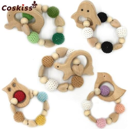2pcs Baby Wooden Teether wooden Cat Handmade Nursing Wooden Crochet Bead Teething Crochet Bead Knitted Bead With Bracelet