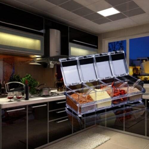 4 Grid Seasoning Box Transparent Spice Condiment Container Storage Jar Salt Pepper Organizer With Mini Scoop Kitchen Storage Box