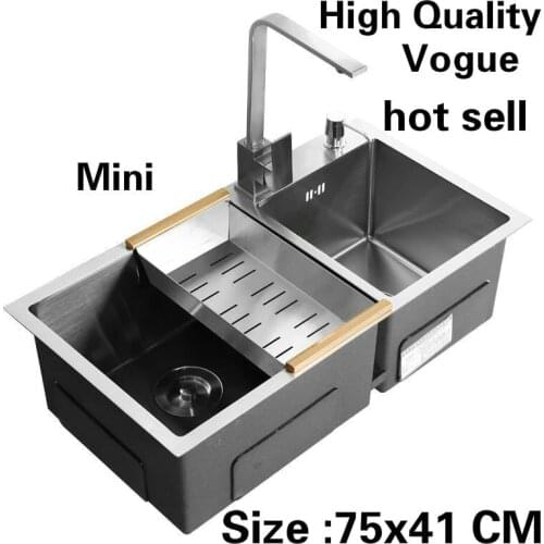 Free shipping Apartment wash vegetables 304 stainless steel multifunction kitchen manual sink double groove hot sell 75x41 CM