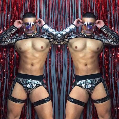 Sequin Sexy Leg Sets Symphony Jazz Rave Set Night Show Men Silver Technology Future Theme Mirror Performance Costumes XS1156