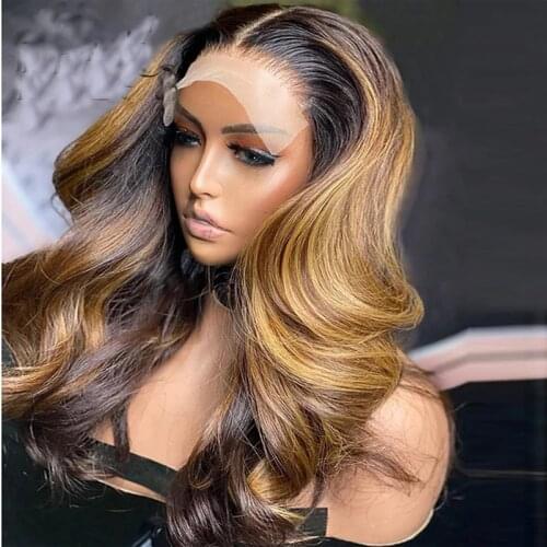Brazilian Ombre Honey Blonde With Dark Roots Color Body Wave Wig With Baby Hair Transparent Lace Front Wig Human Hair