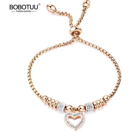 BOBOTUU Titanium Stainless Steel Mosaic Crytal Heart Charm Bracelets For Girl Rose Gold Adjustable Chain Link Bracelet BB20053