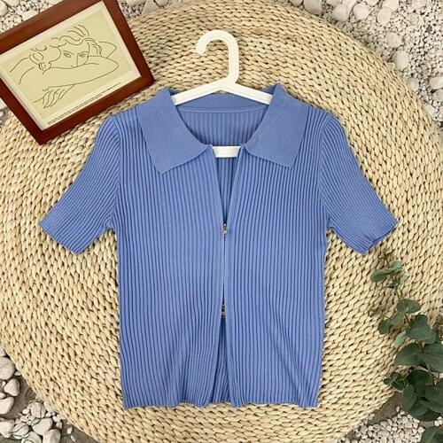 Summer Polo Shirts Top Cropped Women Double Zipper T-shirt Ribbed Tops Cardigan Holiday Female Y2k Tops Women 2021