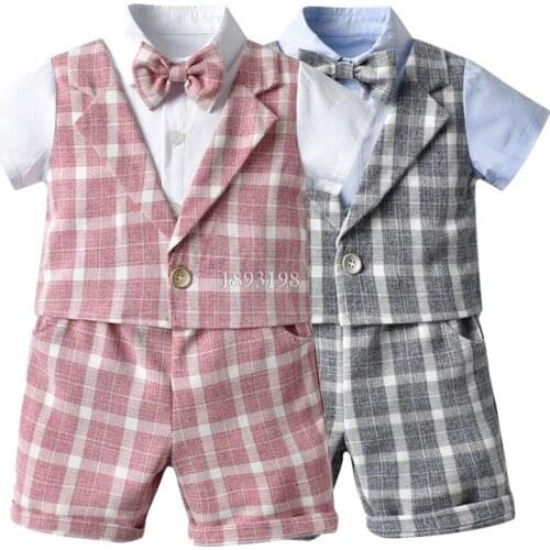 Summer Boy Baby Dress Suit Set Children Gentleman Short-sleeved Plaid Fake Vest Shorts 2pcs Clothing Set Kids Party Costume