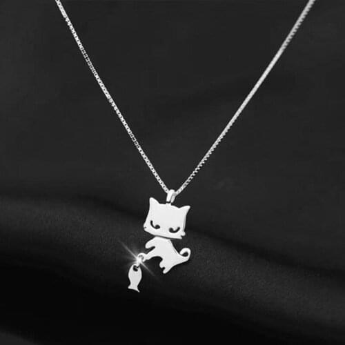 Fashion 925 Sterling Silver Lovely Glossy Cat & Fish Pendant Necklaces For Women Party Gifts Jewelry