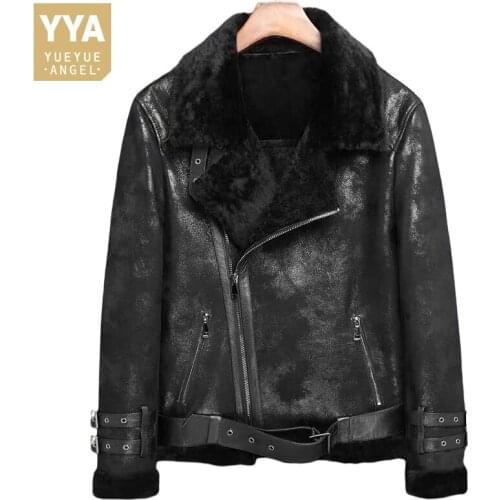 Winter Mens Real Wool Lining Natural Shearling Jacket Belted Slim Fit Thick Warm Fur Genuine Leather Jacket Coat Biker Overocat