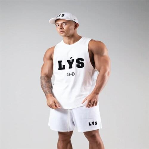 2021 Fitness Vest Mens Solid Color Leisure Wide Shoulder Cotton Sleeveless T-shirt Elastic Breathable Training Clothes Sports T