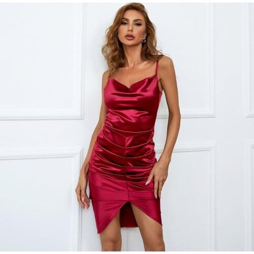 New Women Sexy Spaghetti Strap Satin Mini Dress Ruched Sleeveless Club Dress Elegant Casual Female Fashion Short Dress Vestidos