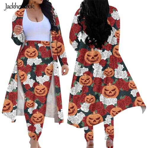 Jackherelook Halloween Clothing Pumpkin Floral Pattern Plus Size Long Sleeve Cardigan Pants Set 2 Piece Club Outfits Leggings