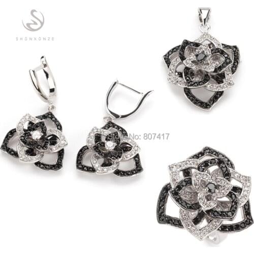 SHUNXUNZE wedding jewelry sets for women accessories(ring/earring/pendant) Black and White Cubic Zirconia Rhodium Plated R920set