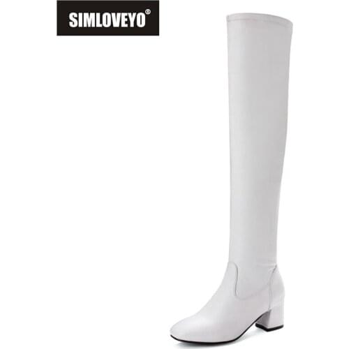 SIMLOVEYO 2021 Fashion Over The Knee Boots Sexy Zip Round Toe Party Nightclub Short Plush Block Heel Size34-45 Black White A4530
