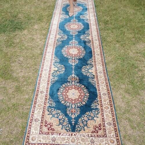 2.5'x10' Blue Handmade Silk Hallway Rug Runner Floral Persian Runner Rug (YL1629A)