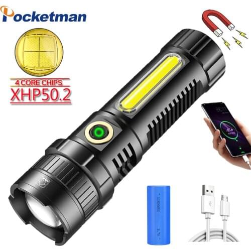60000lm LED XHP50.2 Flashlight USB Rechargeable COB Torch Waterproof Zoom Lantern with Power Display Super Bright 26650 Light