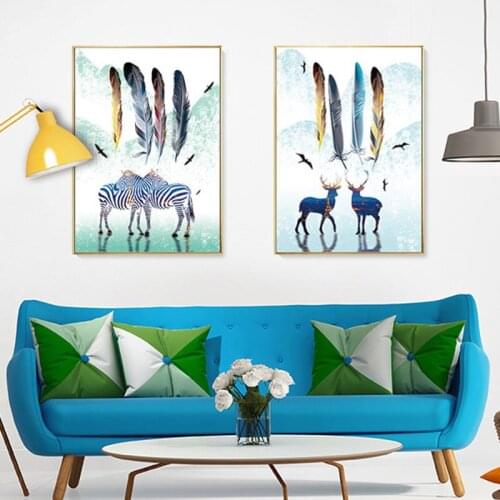 Yumeart Abstract Deer and Zebra Canvas Paintings Feather Nordic Posters and Prints Pop Wall Art Pictures For Living Room Décor