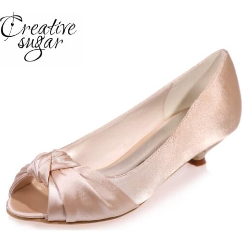 Creativesugar woman open toe med small heels satin party wedding evening dress shoes Champagne silver blue purple ivory white