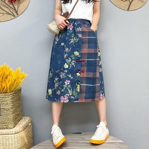 2021 Summer Denim Skirt Female Loose Oversize Retro Printed Disc Button Big Pocket Midi Skirt Casual Patchwork Jeans Saia zh1292