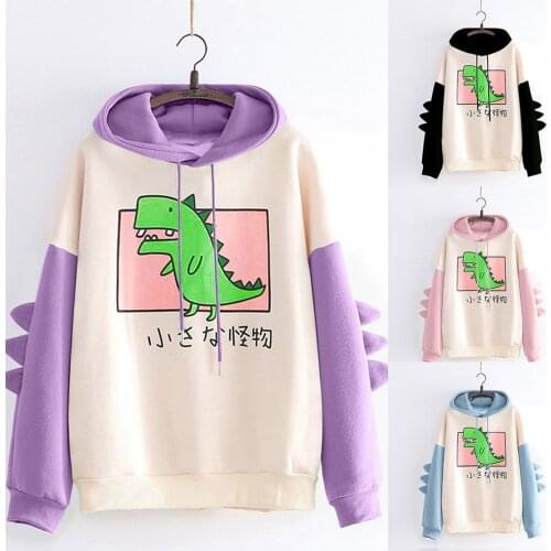 Hoodies Women Fashion Splice Dinosaur Print Sweatshirt Tops Casual Long Sleeve kawaii Clothes ropa mujer толстовка женская топ