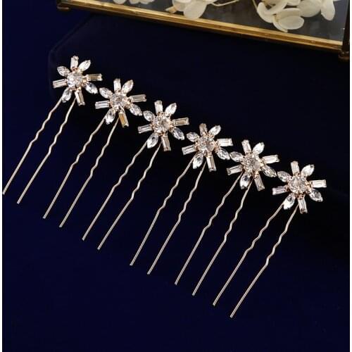 6 pics/ lot Women Sparkling Crystal Wedding Hair Accessories Handmade Gold Hair Sticks European Pearls Hairbands Hairpins