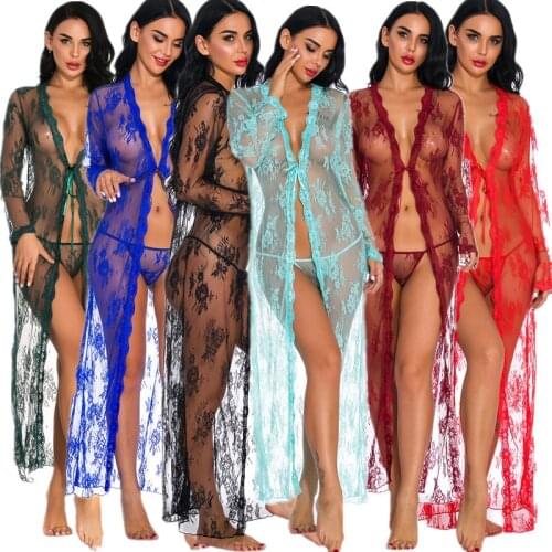 Ladies Long Gowns Black See Though Lingerie Porno Bathrobe Bridesmaid Robes Women Sleep Wear Lace Lingerie Robe Underwear Women
