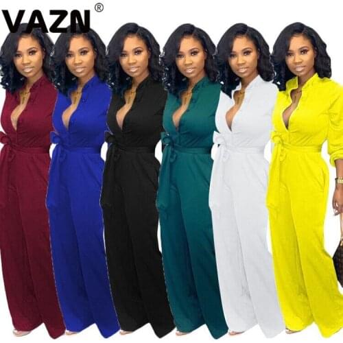 VAZN new product 2019 summer sexy lady green jumpsuit full sleeve V-neck button fly jumsuit lady streetwear jumpsuit