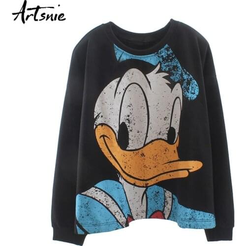 Artsnie streetwear cartoon print women sweatshirt o neck drop shoulder oversized hoodies black casual loose sweatshirts female
