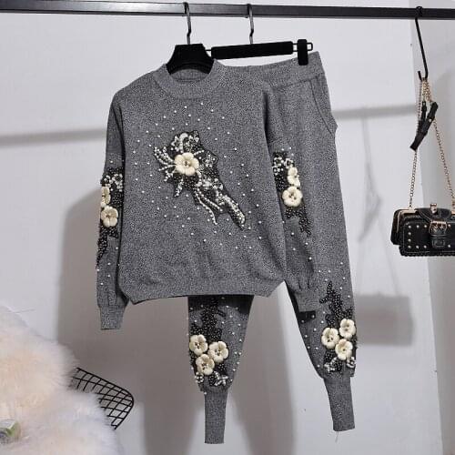 2020 Autumn Winter knit Set Women New Fashion Beading Flower Long sleeve Knitted Sweater + Casual Small Feet Pants Two Piece Set