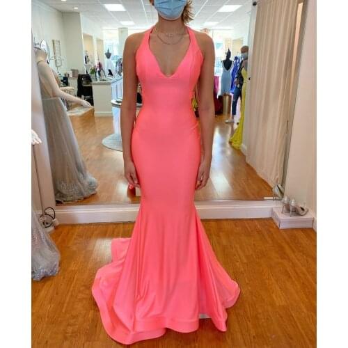 Elegant Long V-Neck Spaghetti Strap Coral Evening Dresses Mermaid Floor Length Criss Cross Back Formal Party Dress for Women