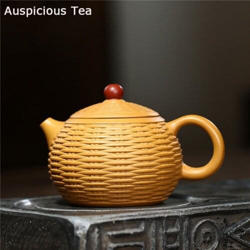 280ml Yixing Purple Clay Teapots Handmade Bamboo Braided Xishi Tea Pot Raw Ore Gold Section Mud Kettle Teaware Tea Ceremony