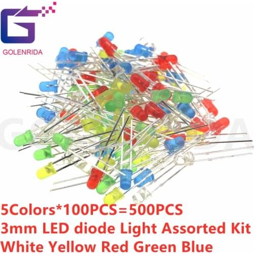 5Colors*100PCS=500PCS 3MM LED Diode Kit Mixed Color Red Green Yellow Blue White