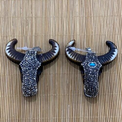 Animal Bull Head Shape Resin Pine Sticky Diamond Pendant for DIY Jewelry Making Necklace Bracelet Accessories Size 50x55mm
