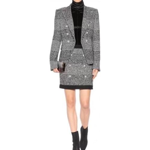 TOP QUALITY Black White grey Houndstooth Plaid Blazer Double Breasted Silver Button up Long Sleeves Patch Pockets Peaked Collar