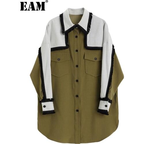 [EAM] Women Pattern Printed Big Size Long Blouse New Lapel Long Sleeve Loose Fit Shirt Fashion Tide Spring Autumn 2021 1DA300
