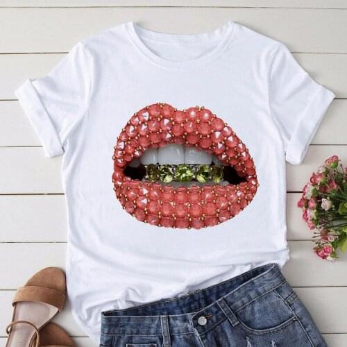 Crystal Lips Graphic Print T-shirt Women Harajuku Aesthetic White Tops Casual Tshirt 2021 New Summer Fashion Y2k Female T Shirt