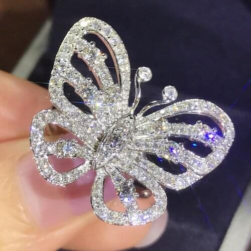 Butterfly zircon diamond rings for women luxury white gold silver color engagement fashion jewelry bague cocktail party gift