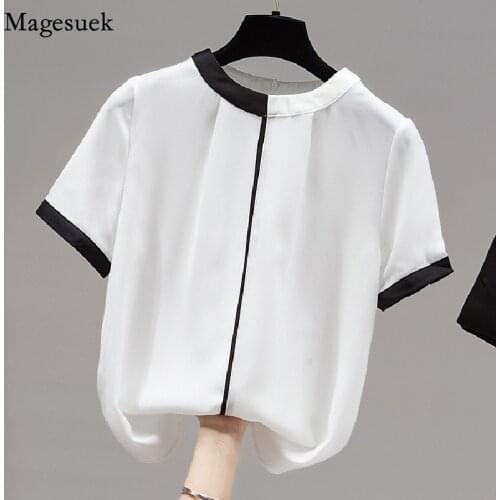 Summer Women Chiffon Shirt Short Sleeves Korean Sweet Plus Size White Blouse Femme O Neck Zipper Loose Tops Female Blusas 14850