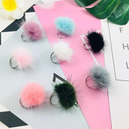 Furling Pom Poms Womens Ring Adjustable Mink Fur Ball Ring Mink Fur Pompoms Metal Rings for Girls Elegant Jewelry Wedding Party