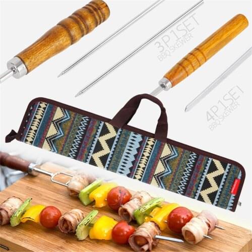 7pcs/set Barbecue Skewers Set Outdoor Portable Bbq Needle/sticks Fork Set Wooden Handle Picnic Tools Camping Picnic Accessories