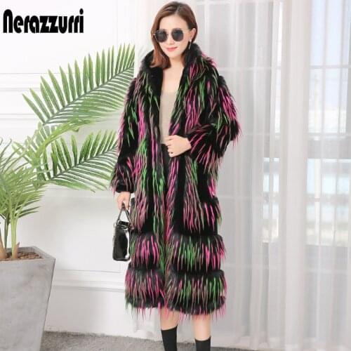 Nerazzurri winter long faux fur coat women long sleeve color block plus size elegant fluffy colorful runway faux fur jacket 2019