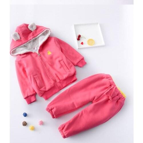 2017 new spring autumn Girls Kids Boys Solid color plus velvet thick coat + trousers cute baby Clothes Children Clothing 20W