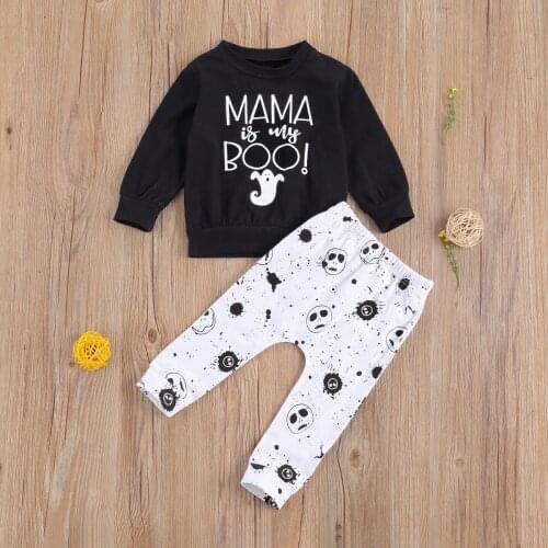Baby Boys Girls Autumn Outfit 2Pcs Black O-Neck Long-Sleeves Pullover with Ghost Prints + Cartoon Skull Printed Pants Suit