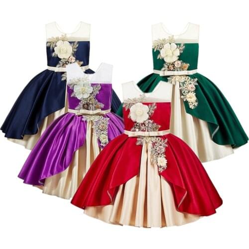 Applique Flower Girl Dress Birthday party Fancy Dress Kids princess Dress wedding Ball Gown