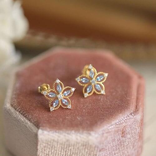 Luxury Female Small Flower Stud Earrings Real 925 Sterling Silver Earrings Trendy Natural Aquamarine Wedding Earrings For Women