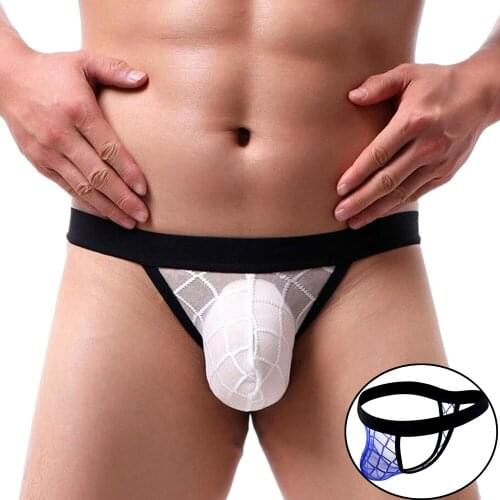 Sexy Mens Mesh G String Grid Male Transparent Thong Wide Waistbelt See Through Gay Man Panties Jockstrap Underwear