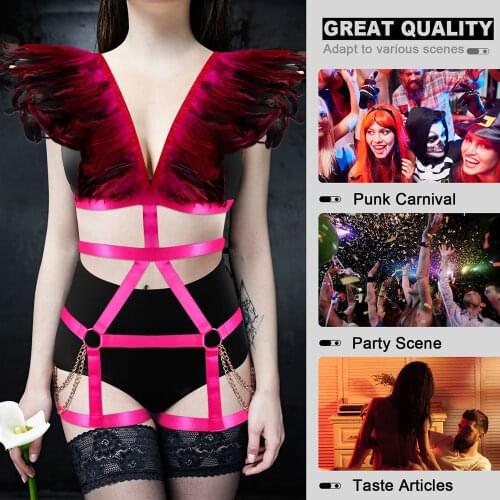 Sexy Women V-Neck Feather Harness Sets Garter Belt Goth Suspenders Body Bondage Cage Straps Erotic Lingerie Dance Costume Fetish