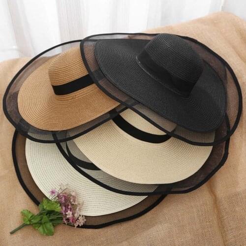 Sun Hat Summer anti-UV Lady 15CM Wide Brim Hat Women Solid Plain Floppy Summer Straw Hats for Women Female Mesh Brim Beach Hat