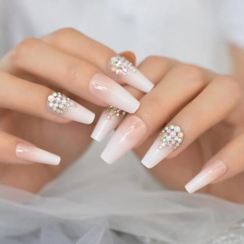 Bling Crystal Rhinestone Peach Pink Nude Ombre French Ballerina Coffin False Nail Long Press on Ballet Fake Reusable Wear Nails